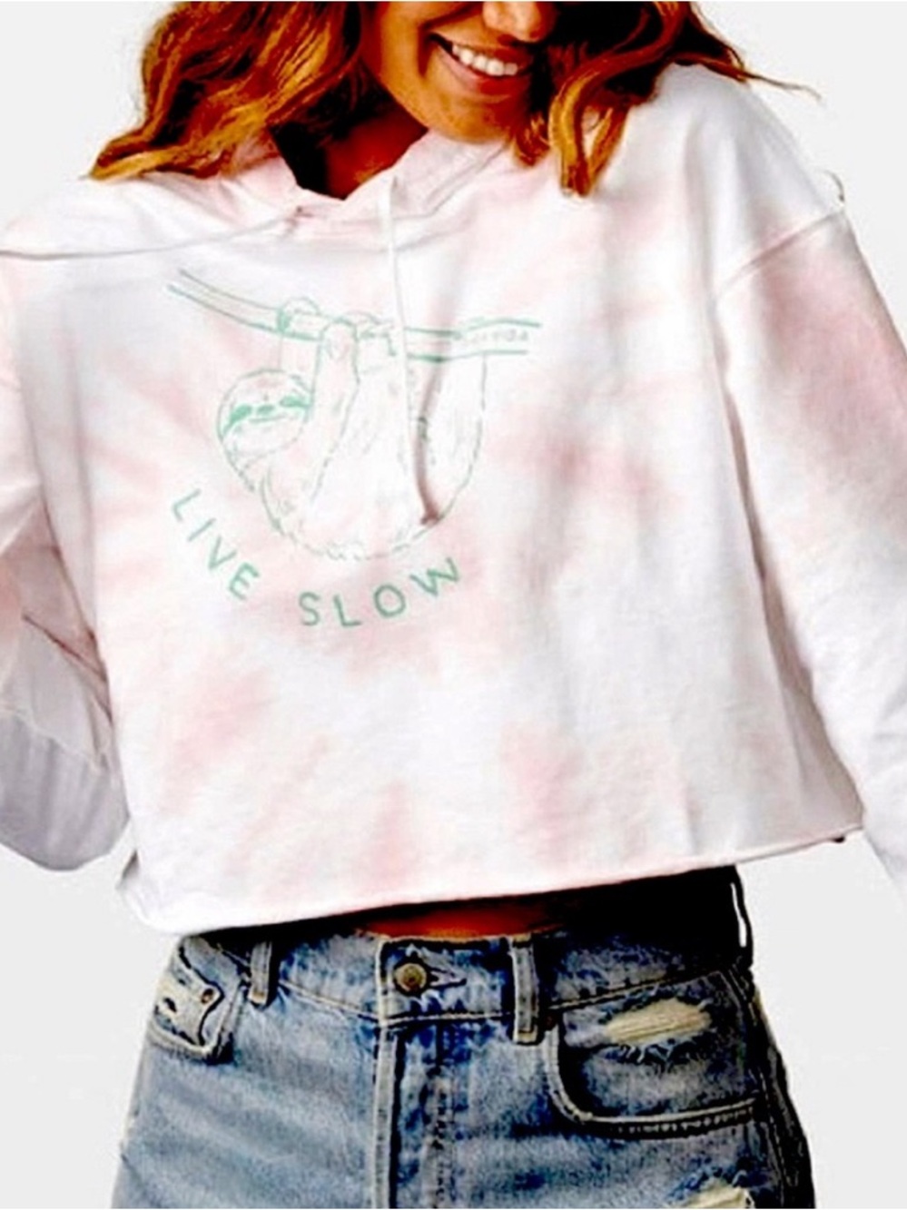 Pura Vida Pale Pink Tie-Dye Crop Sloth Hoodie